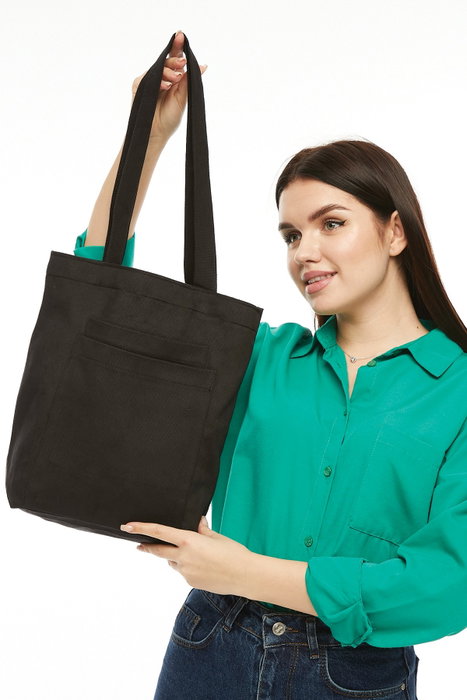 Zoozie Bags Bolso Tote 2116, Bolso de Mano de Gabardina 100% Negro con 2 Bolsillos Exteriores, 33 x 45 x 10 cm